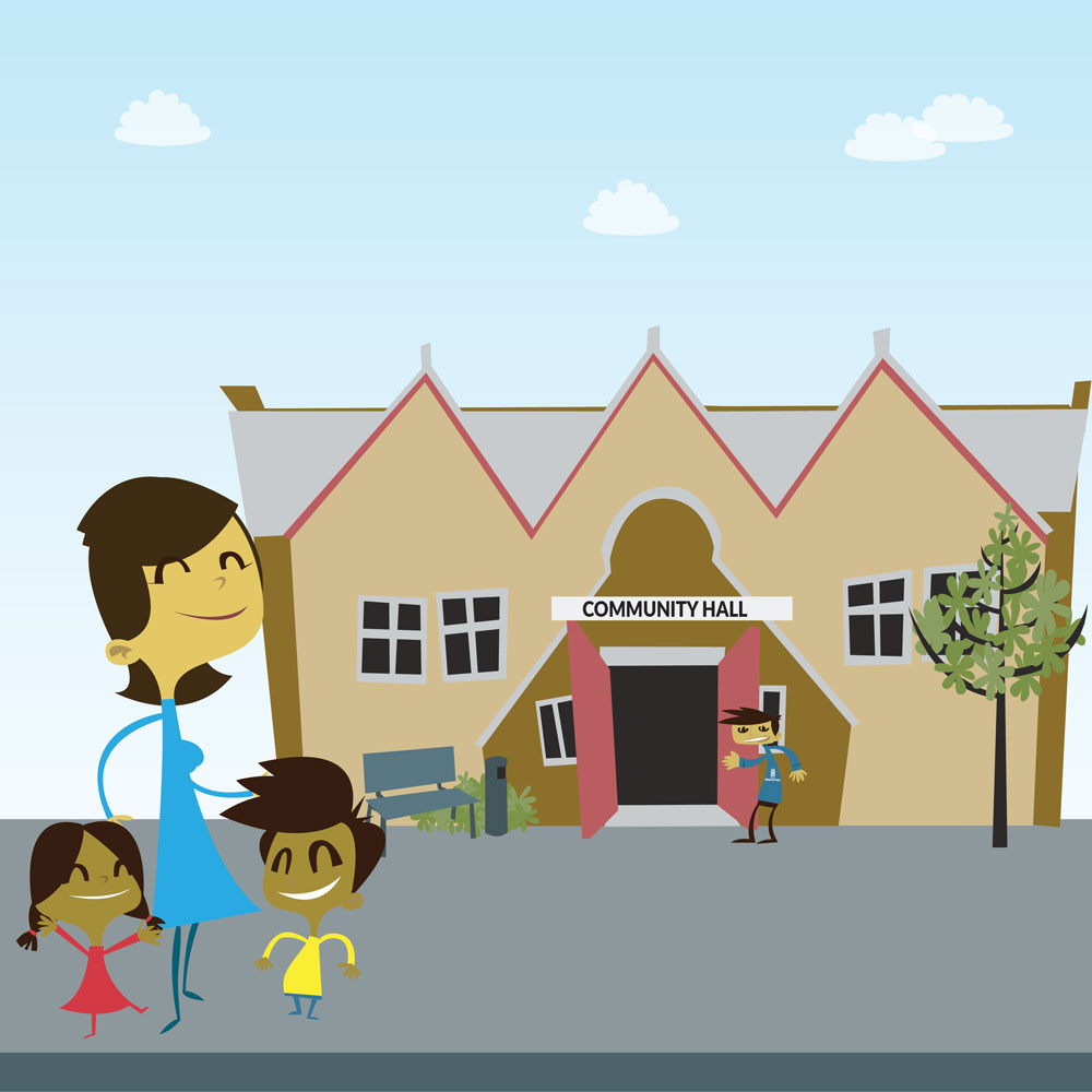 scene showing a family outside of a community hall