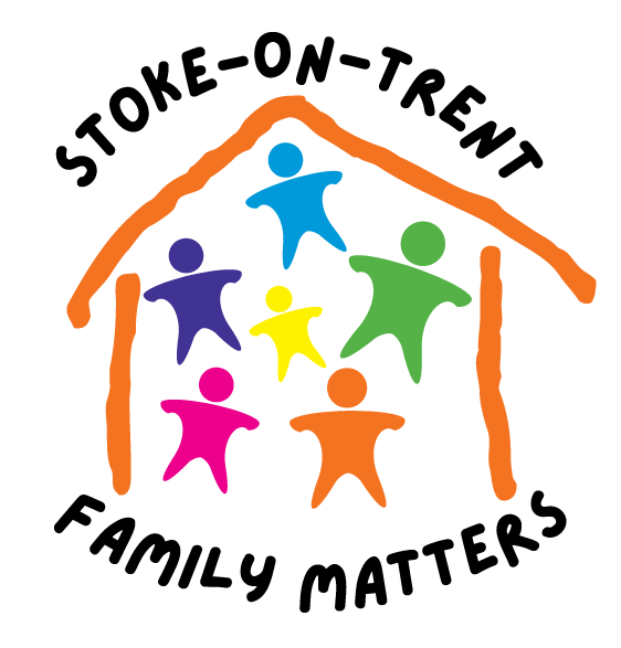 stoke on trent family matters logo showing colourful stick people in house